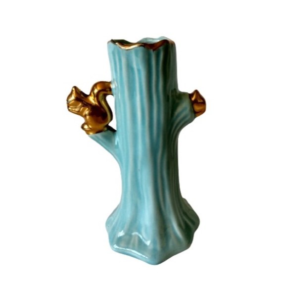 Blue Ceramic Tree Trunk 22K Gold Trim Squirrel & Leaf Design Flower Bud Vase - Picture 2 of 5